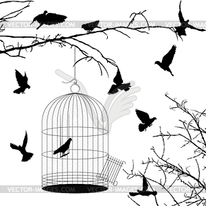 Birds and cage silhouettes - vector clip art