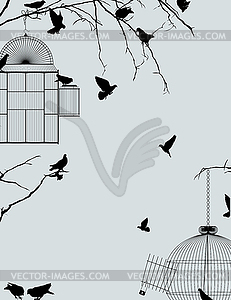 Птицы и птичьи клетки открытку - векторный эскиз
