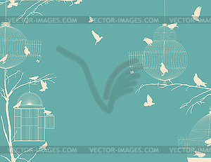 Птицы и птичьи клетки открытку - изображение в векторе