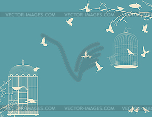 Птицы и птичьи клетки открытку - изображение в векторном формате