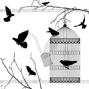 Fyling birds and cage silhouettes - vector clipart