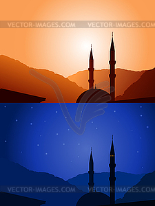 Mosque silhouette day and night - vector clip art