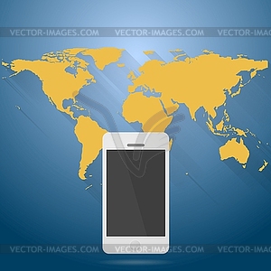 Abstract flat world map with mobile phone - vector image