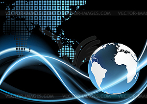 Technology background with neon waves and globe - vector clip art