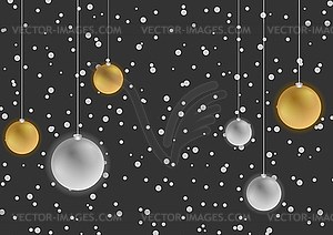 Bronze and silver Christmas balls on dark snowy - vector image