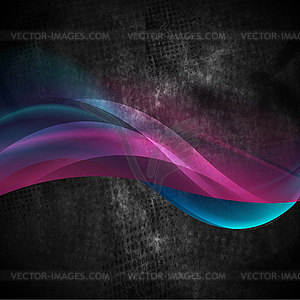 Glowing purple blue waves on black grunge background - vector image