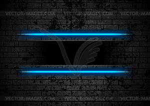 Blue neon stripes on grunge brick wall background - vector image