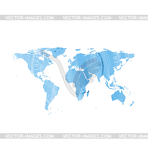 Blue grunge world map with round binary code - vector clipart