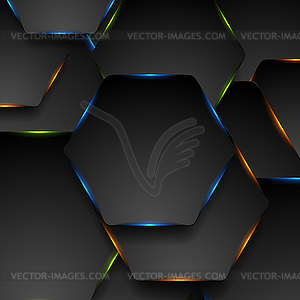 Black tech hexagons with colorful glowing lights - vector EPS clipart