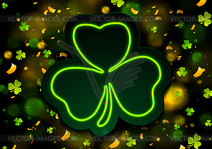 Irish neon shamrock clover with bokeh lights - vector image