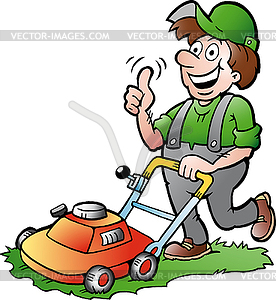 Hand-drawn an happy Gardener with his lawnmower - vector clipart