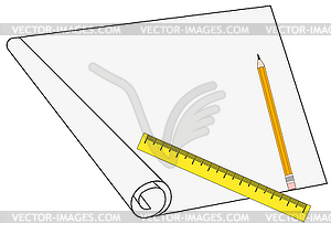 Sheet of paper with pencil and ruler - vector clipart