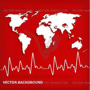 White world map and Heart Beats Cardiogram on Red - vector image