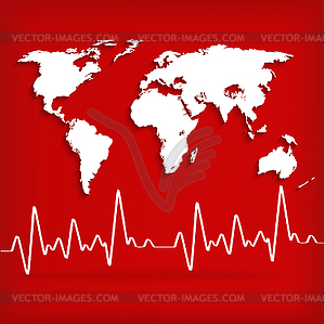 White world map and Heart Beats Cardiogram on Red - vector clipart