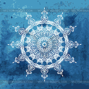 White snowflake on watercolor blue background - vector image