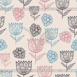 Seamless Doodle Floral Pattern with Tulips - vector clip art