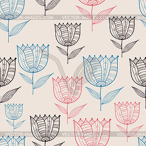 Seamless Doodle Floral Pattern with Tulips - vector image