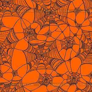 Seamless pattern with spider web on orange - vector clipart