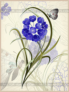 Greeting card with flower and butterfly. Floral - vector image