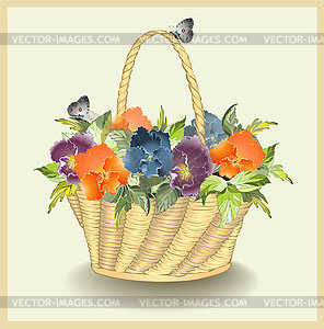 Greeting card with basket with pansies - color vector clipart