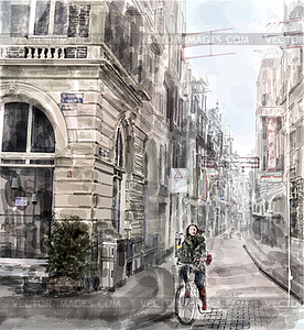 City street. Girl riding on bicycle. Water - vector clip art