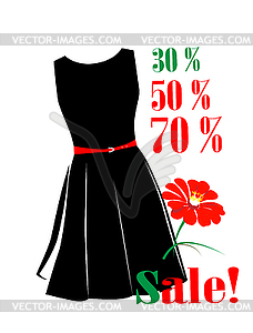 Sale poster with percent discount and black dress - vector image