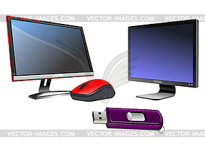 Flat computer monitor. Display. Mouse and disk on - vector clipart