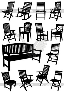 Collection of garden chairs and benches silhouettes - vector clipart