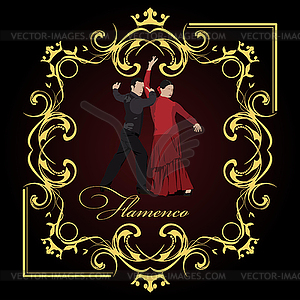 Beautiful young couple dancing flamenco poster. - vector image