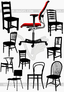 Big collection of home and office chair silhouettes - vector image