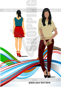 Two cute shopping ladys. colored - vector image