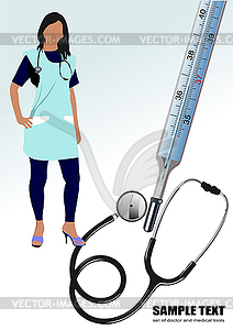 Medical nurse stethoscope and thermometer - vector image