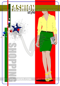 Cute shopping lady poster. colored - vector clipart