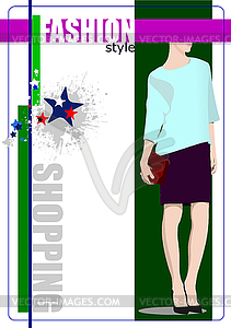 Cute shopping lady poster. colored - color vector clipart