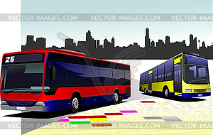 City panorama with two bases and plane images. - vector clipart