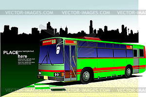 Green-red city bus on town panorama. Coach - vector clipart