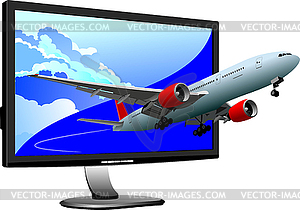 Flat computer monitor with passanger plane image. - vector image