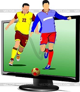 Background with Flat computer monitor with soccer - vector image