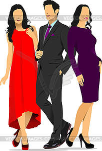 Young handsome man and two young women. Businessman - vector image