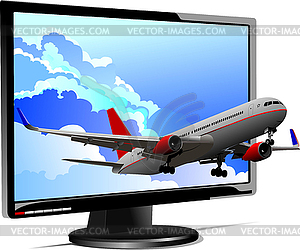 Passenger plane started of flat computer monitor. - royalty-free vector clipart