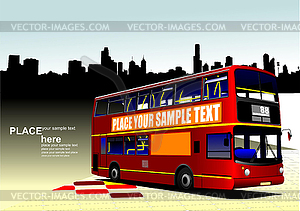 City panorama with red city bus image. Coach. - vector clipart