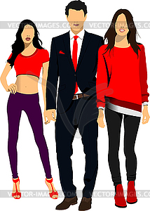 Young man and two women in red - vector clip art