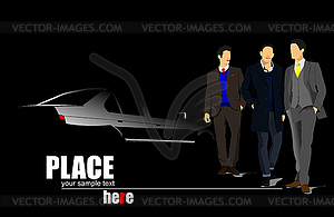 White car silhouette and three businessmen - vector clipart