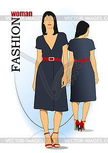 Young fashion woman in blue dress - vector clipart