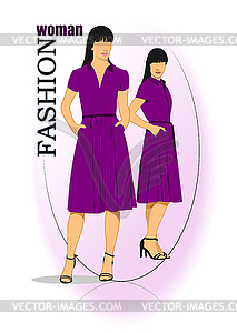 Молодая женщина мода в фиолетовом платье - изображение в векторном виде