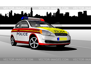 Police car on city panorama background.  - vector clipart