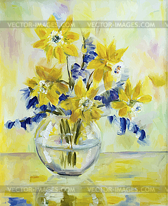 Bouquet of daffodils in glass vase - vector image