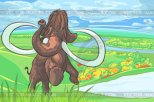 Mammoth in landscape with river - vector image