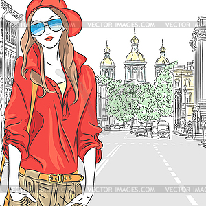 Beautiful fashion girl top model on street in St. - vector clipart