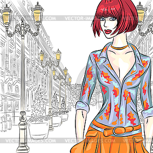 Attractive fashion girl goes for St. Petersburg - vector image